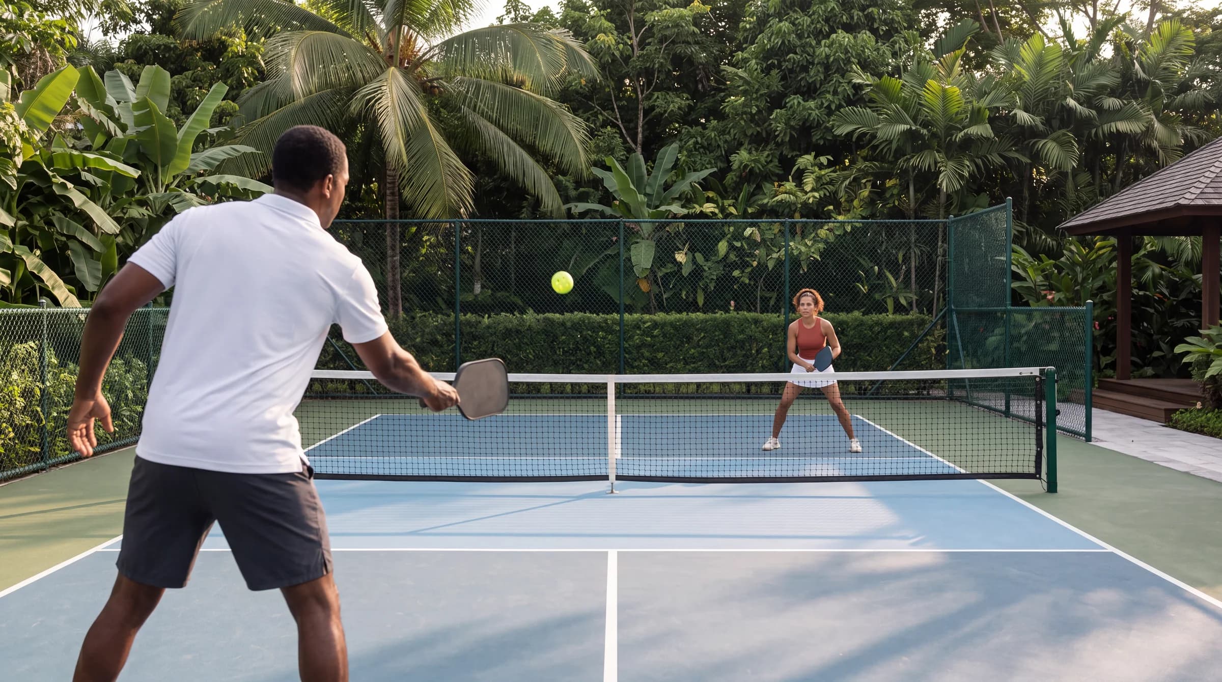 Pickleball court viewed from the baseline
